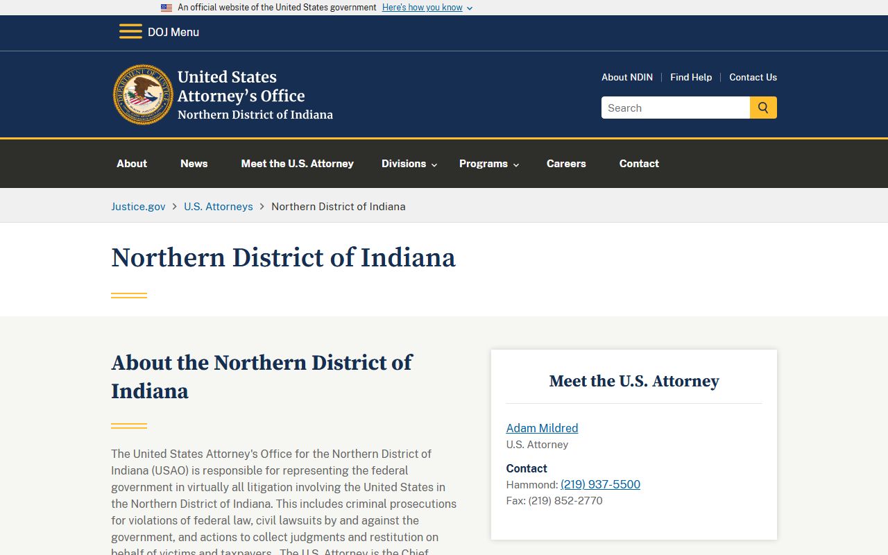 Elkhart County Clerk records U.S. Attorney Northern District separate federal channel