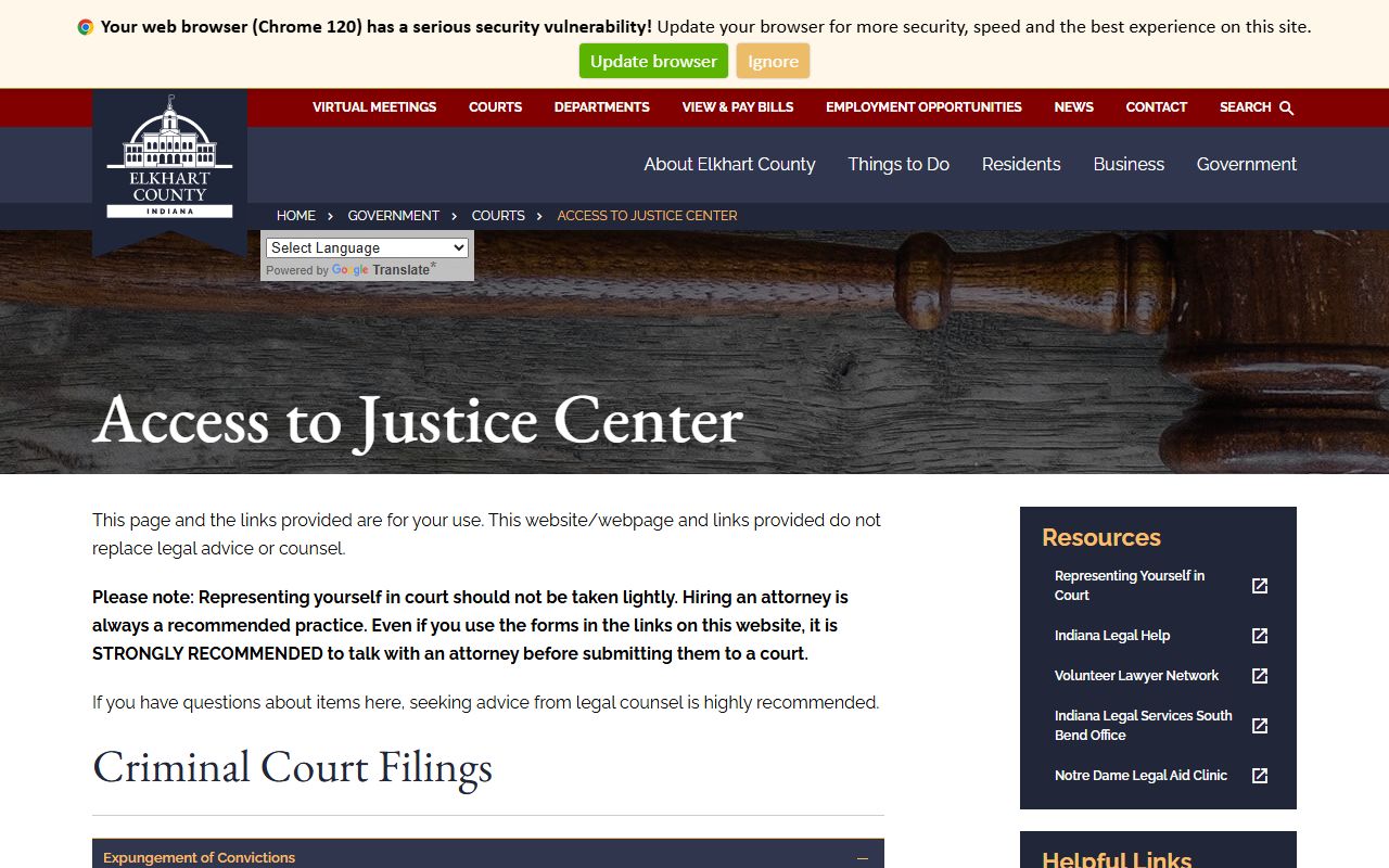 Elkhart County court dockets Access to Justice Center forms page