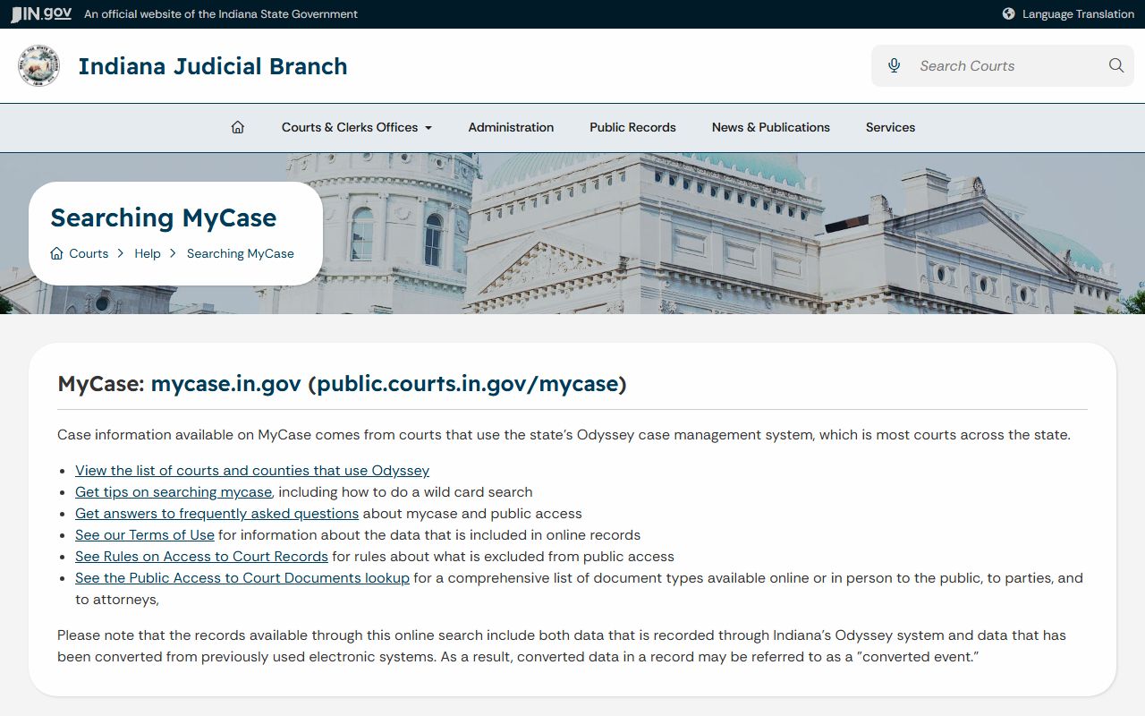 Elkhart County court records MyCase public access help page