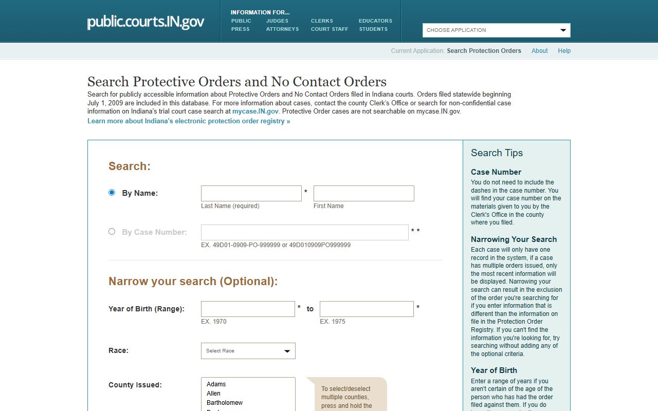Elkhart County probate records Indiana protection order search access limits