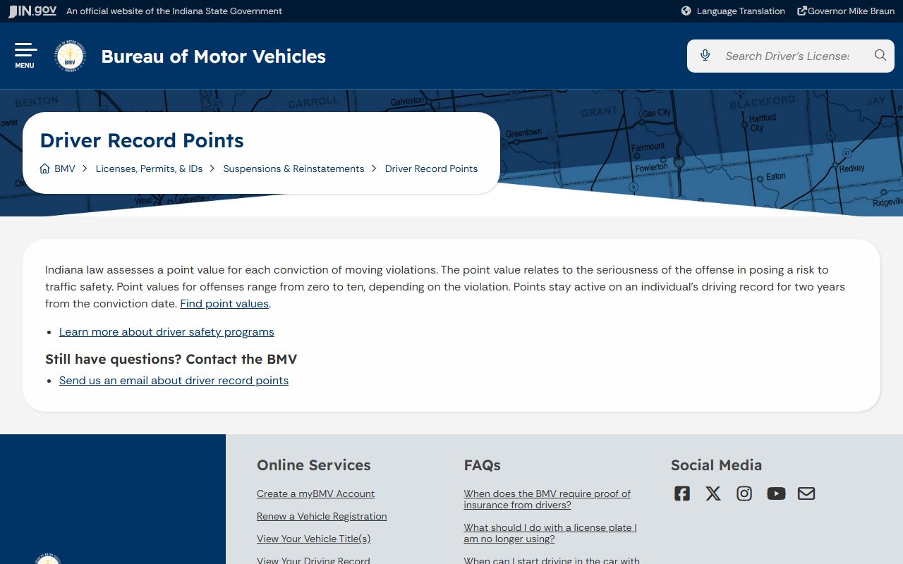 Elkhart County traffic court records Indiana BMV points page