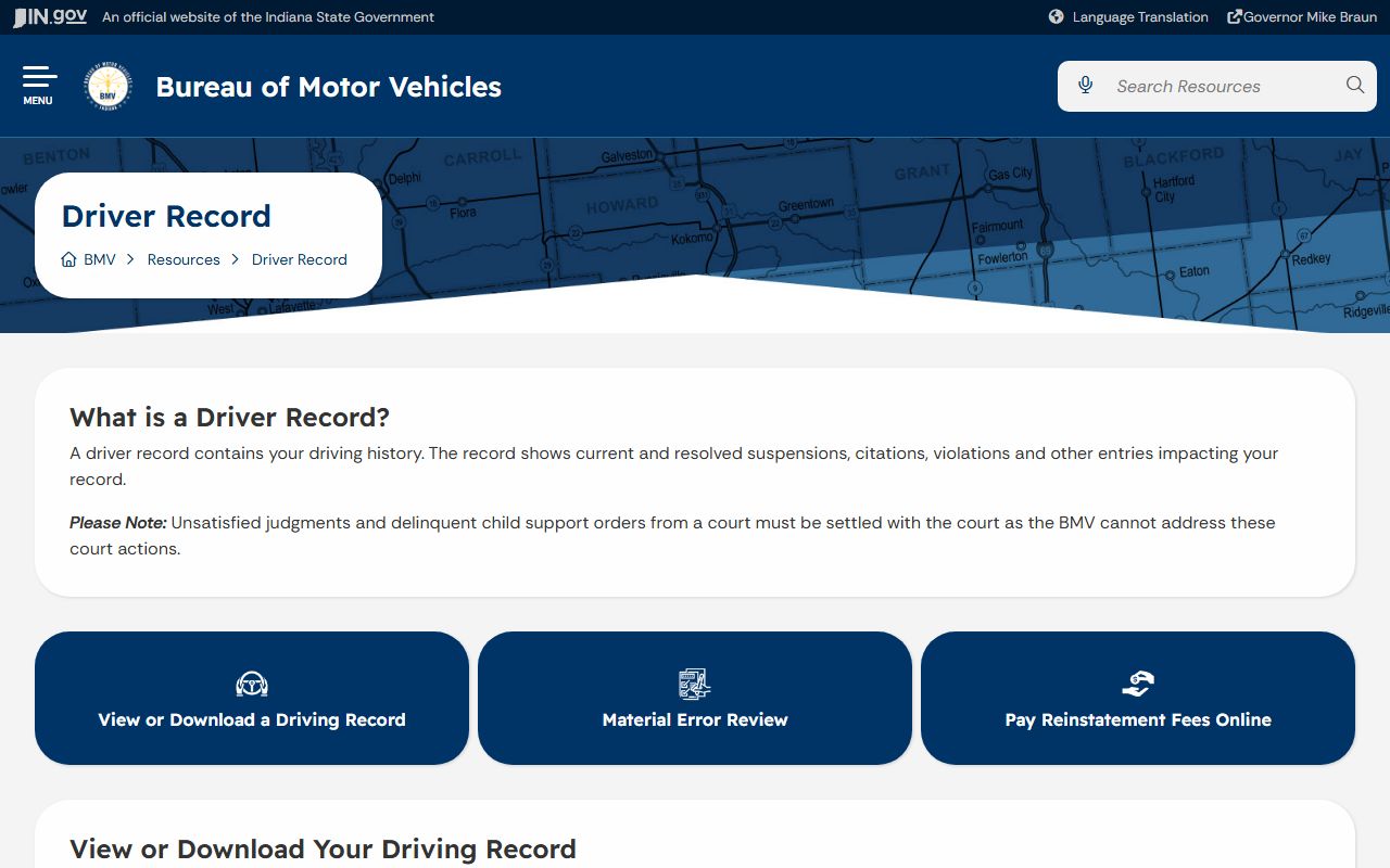 Elkhart County traffic court records Indiana BMV driver record page