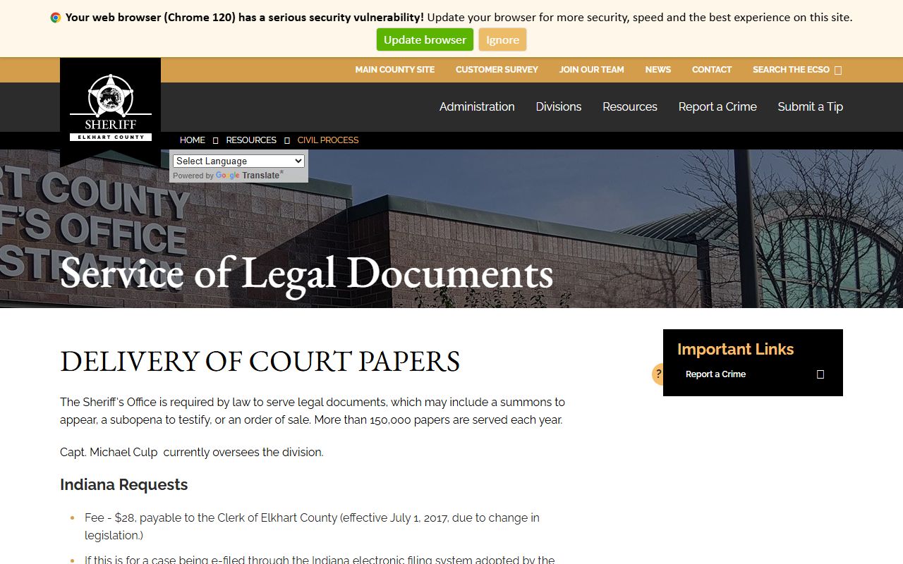 Elkhart County warrant records sheriff civil process resource