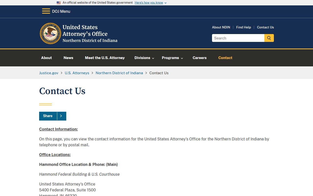 Elkhart County warrant records federal U.S. Attorney contact page